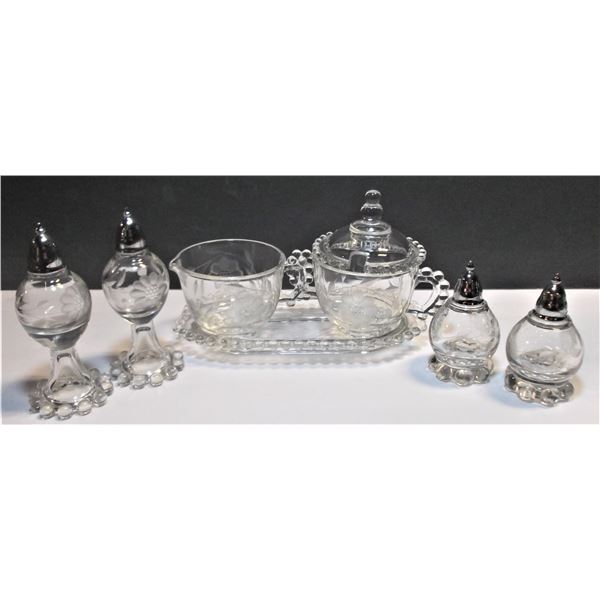 Cornflower Crystal Cream, Sugar, Plate, and Two Sets Salt and Pepper Shakers