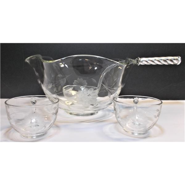Cornflower Punch Bowl, Ladle, and 12 Cups - Ladle is Plastic - Two Cups have Flaws - See Images