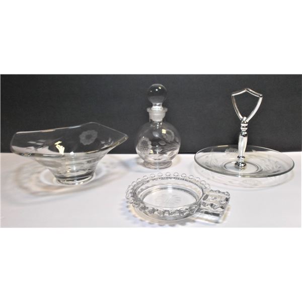 Four Cornflower Crystal Pieces - Bowl, Serving Tray, Mini Decanter, Ashtray