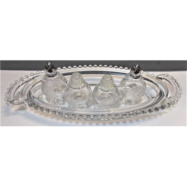 Cornflower Candlewick Crystal Oval Dish and Two Sets of Salt and Pepper Shakers