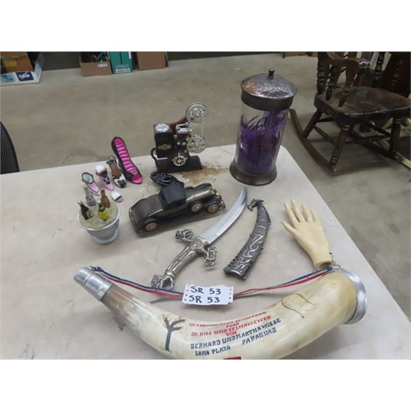 Large Powder Horn, Radio Car, Decorative Blade,  plus other Ornaments