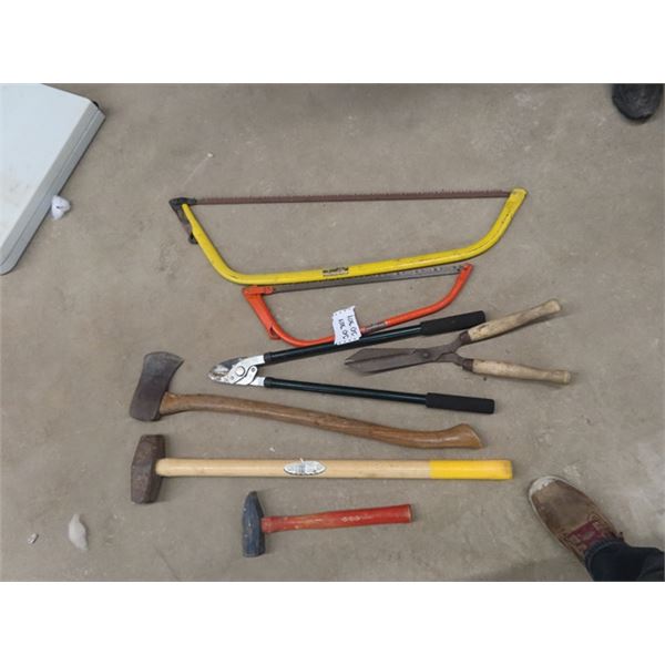 7 Yard Tools; 2 Hand Saws, 2 Sledge Hammers,  Axe