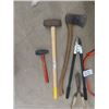 Image 2 : 7 Yard Tools; 2 Hand Saws, 2 Sledge Hammers,  Axe