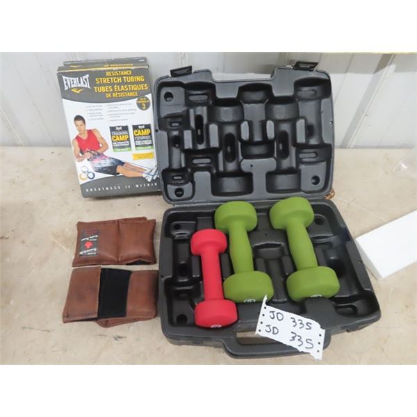 Exercise Equipment; 3 Dumb Bells + Case,  Ankle Weights, Stretch Tubing