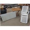 Image 1 : Lounge Chair & 2 Folding Tables; 1) Poly 24" x 48"  1) Wooden 20" x 29"