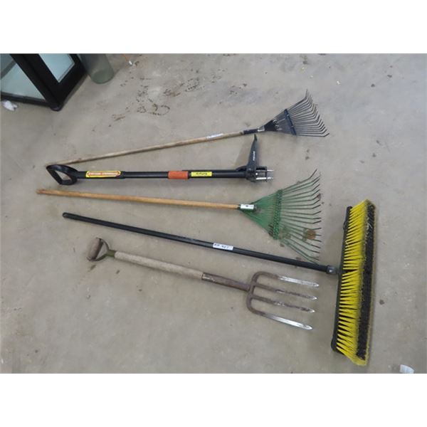 5 Yard Tools; Potato FOrk, 2 Rakes, Push Broom, Weed Eater