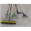 Image 2 : 5 Yard Tools; Potato FOrk, 2 Rakes, Push Broom, Weed Eater