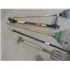 Image 3 : 5 Yard Tools; Potato FOrk, 2 Rakes, Push Broom, Weed Eater