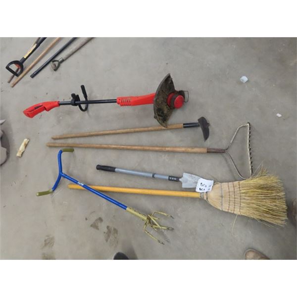 6 Yard Tools; Electric Weed Eater, Garden Claw, Rake, Hoe & Straw Broom