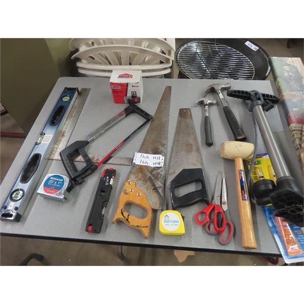 Carpentry Tools; Saw, Level, Hammer, Bike Tire Pump plus more