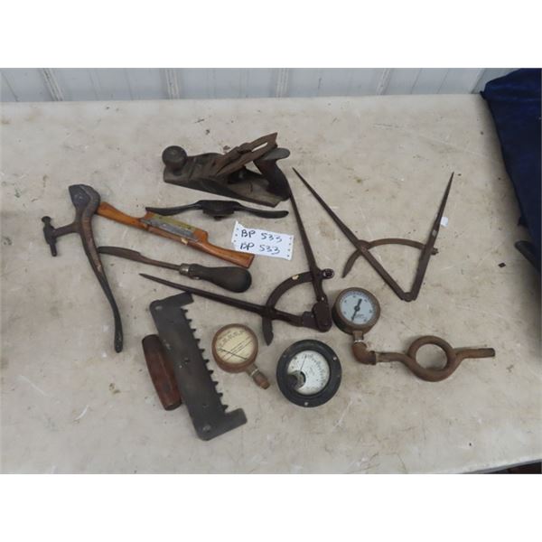 Old Tools; Wood Planer, Measuring Devices, Gauges plus more