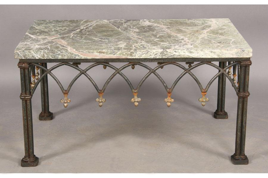 MARBLE TOP COFFEE TABLE GOTHIC WROUGHT IRON BASE MARBLE TOP COFFEE TABLE GOTHIC WROUGHT IRON BASE