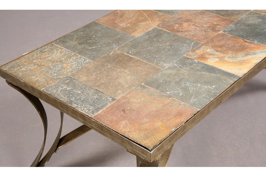 WROUGHT IRON AND SLATE COFFEE TABLE INSET STONE
