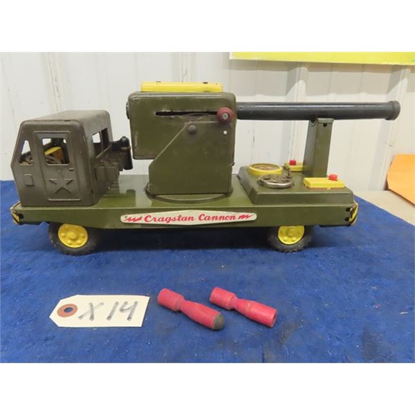 Cragston Cannon Metal Military Friction Truck plus  Battery with 2 Ammo Pieces Made in Japan - 15.5"