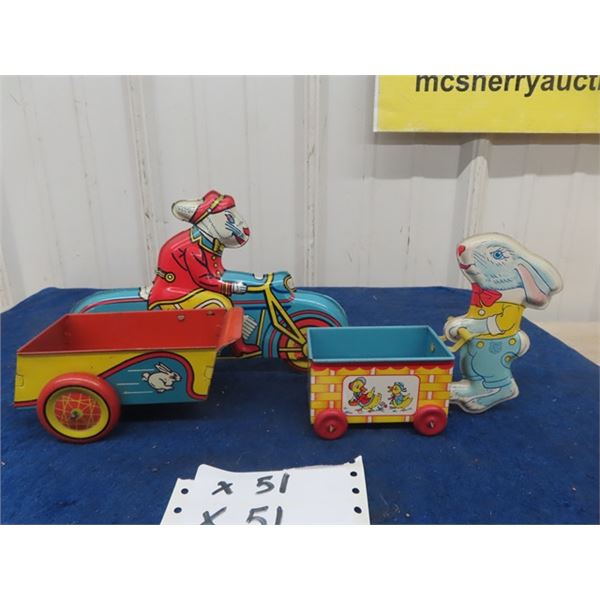 2 Tin Easter Toys; 1) Wyandotte 9" x6"x 4", 1)  J Chien USA 5.5" x 6" x 2.5"