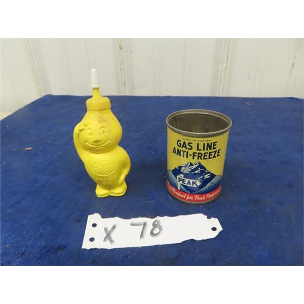 2 items; 1) Esso Handy Oil Squirt Bottle , 1) Peak  Gas Line Anit Freeze Tin 4 oz