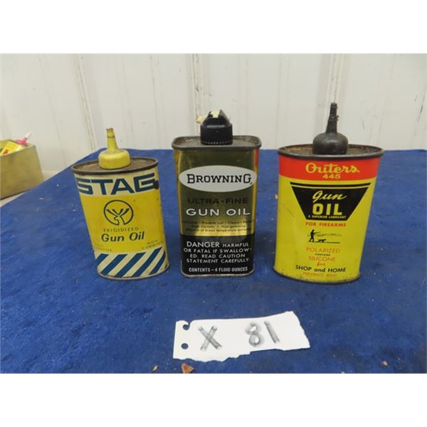 3 Gun Oil Tins; 1) Stag, 1) Browning 4oz, 1)  Outers 4 oz