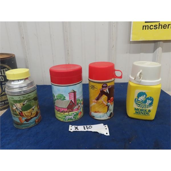 4 Thermos; 1) Aladdin Ludwig, 1) Farm Scene,  1) 1969 Baseball, 1) 1978 Mork + Mindy