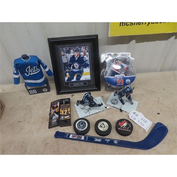 Hockey Collector Bundle; Laine Picture, Gretkzy  Figurine, Blackhawks Crosby Mini Stick, Pucks plus 