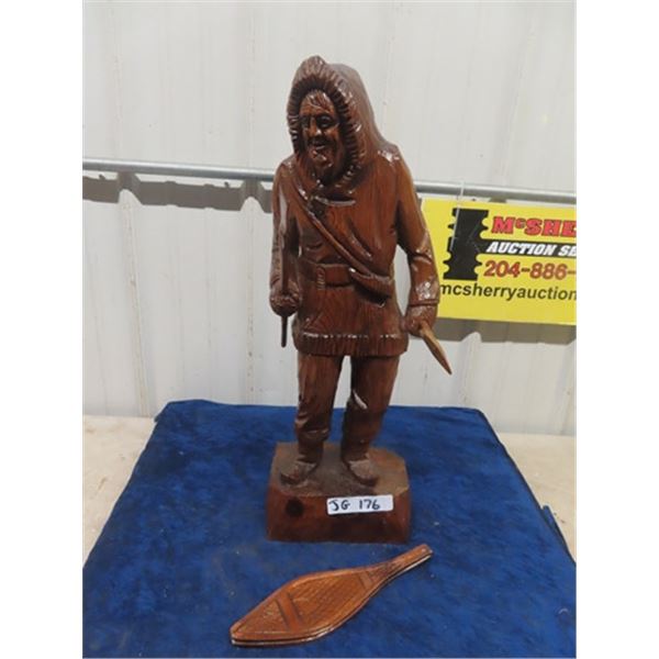 Wooden Carving of a Coureur de Bois Hunter, Signed  by 'George'. Written on the Bottom  'Hunter' 23.