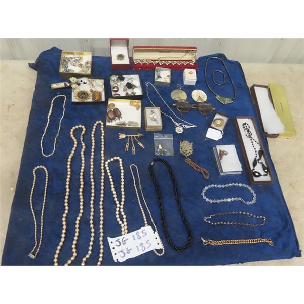 Box of Vintage Jewlery- Brooch by Marchell Boucher  , Cora + Crystal, Cameo Ring, Earrings, Black Gl