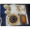 Image 6 : Box of Vintage Jewlery- Brooch by Marchell Boucher  , Cora + Crystal, Cameo Ring, Earrings, Black Gl