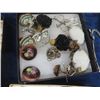 Image 8 : Box of Vintage Jewlery- Brooch by Marchell Boucher  , Cora + Crystal, Cameo Ring, Earrings, Black Gl