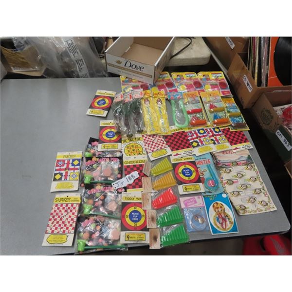 2 Boxes of New Old Stock Vintage Dime Store Toys  including 36 Carded Childrens Sunglasses, Carded T