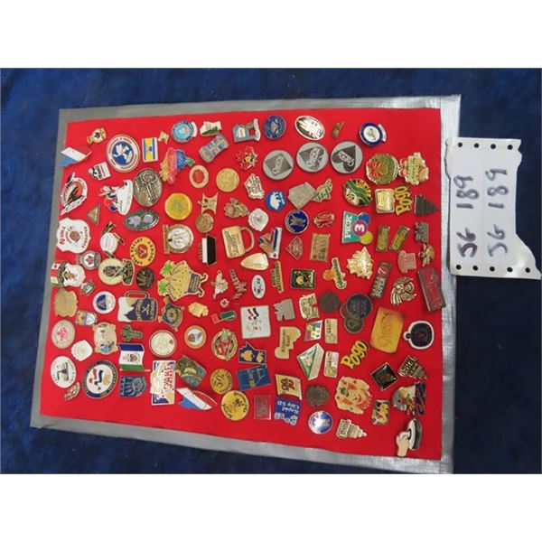 Variety of Collectible Pins + Pinback Buttons on  Board