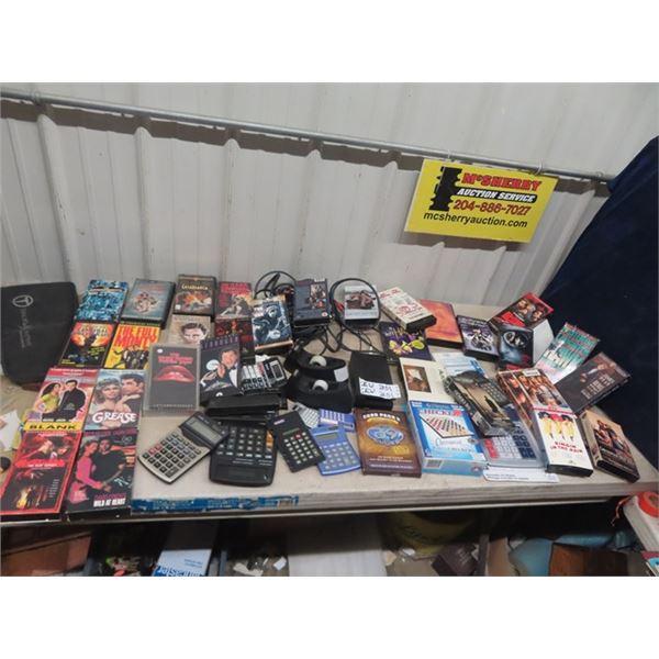VHS Movies, Calculators, Office Supplies,  Electronic Cords, Games