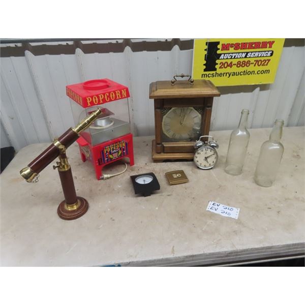 Westminister Mantle Clock, Telescope Display,  Popcorn Machine, Desktop Clocks, Glass Bottles