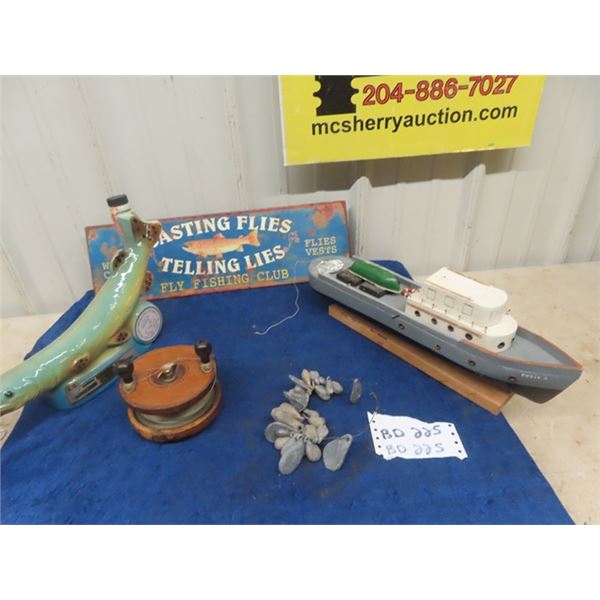 Antique Wooden Fishing Reel, Antique FIshing  Weights (unique shapes), Fly Fishing Sign, Jim Beam 'P