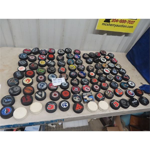 99 AHL + NHL Hockey Pucks in Very Good Condition