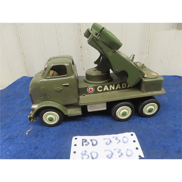 Very Rare 1960's Canada Military Rocket Launcher  Tin GMC Friction Toy Truck 10" Long. Made in Japan