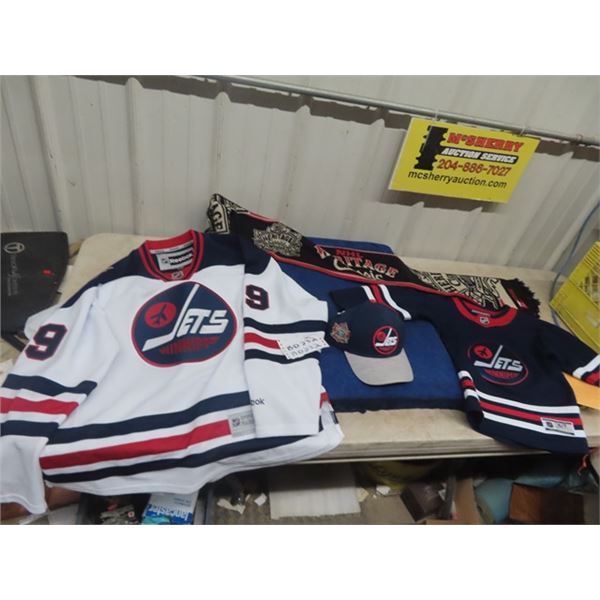 Wpg Jets Lot ; Patrik Laine Authentic Reebok  LArge Jersey, Reebok Hat, Youth Jersey + Scarf - All I
