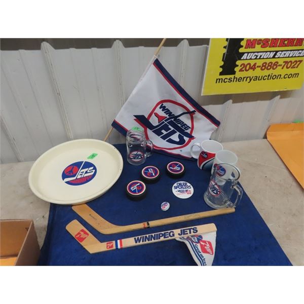 Wpg Jets Lot ; Mugs, Tray, Pucks, Buttons, Flags,  Mini Sticks - All Vintage 1.0
