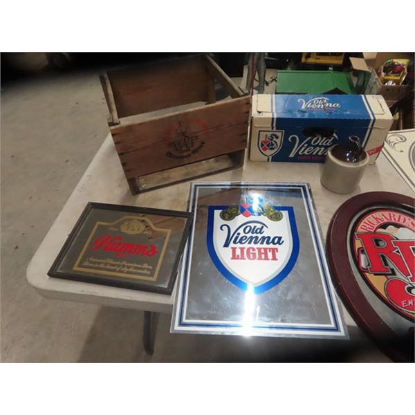 OV Advertising Mirror, Case of 12 OV Stubby  Beer Bottles, Tin Budweiser Signn, Wooden Jack Daniels 