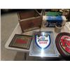 Image 1 : OV Advertising Mirror, Case of 12 OV Stubby  Beer Bottles, Tin Budweiser Signn, Wooden Jack Daniels 