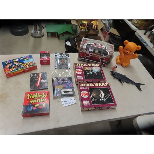 Vintage Toy Lot; 2 Star Wars Puzzles, Ornament,  Sealed DVD Trilogy, Action Figure, M&M Fire Truck, 