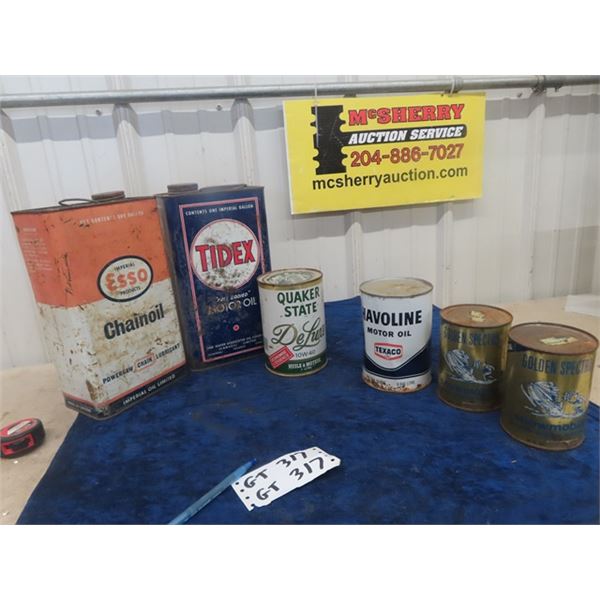 6 Oil Cans; Esso Chain Oil 1 Gal, Tidex Oil 1 Gal, Quaker State Quart, Havoline Quart & 2 Golden Spe