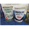 Image 3 : 6 Oil Cans; Esso Chain Oil 1 Gal, Tidex Oil 1 Gal, Quaker State Quart, Havoline Quart & 2 Golden Spe