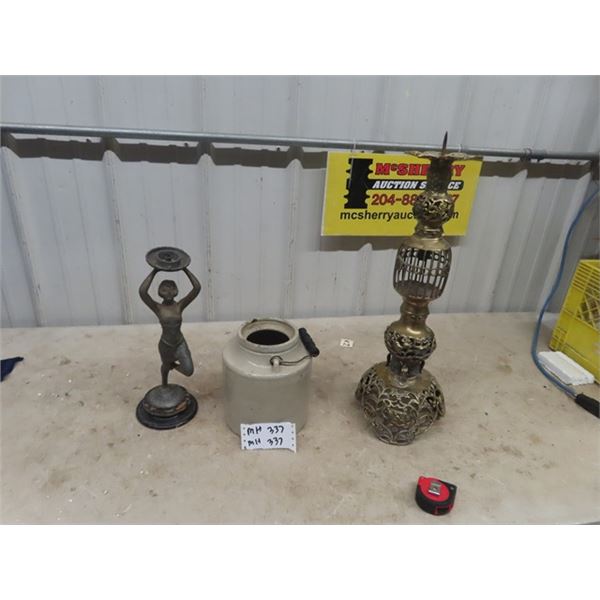 Brass Candle Holder, 1) 14" Tall Figurine, 1) 24" Tall & Pickle Crock