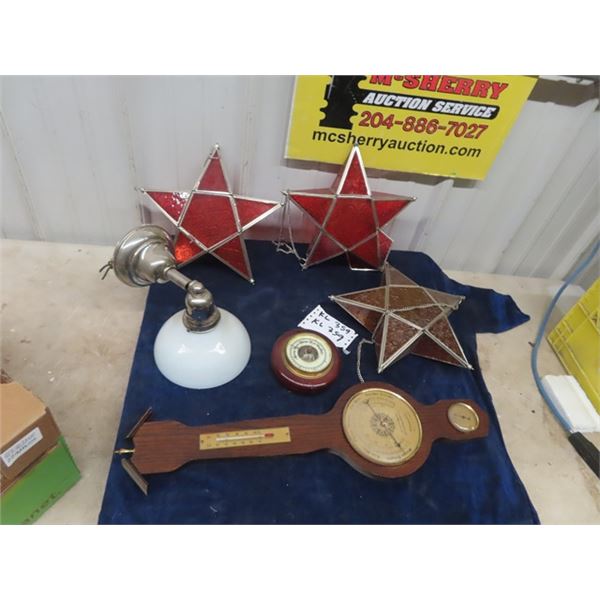 2 Barometers, 3 Stained Glass Decorative Stars, Old Light Fixture