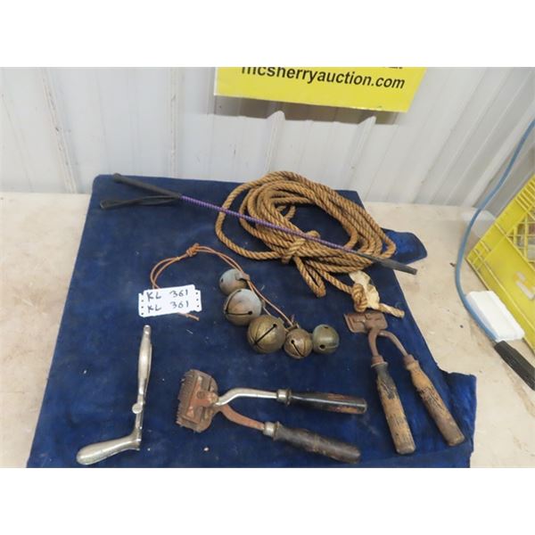 5 Brass Sleigh Bells, Clippers, Whip & Rope