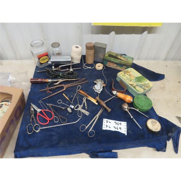 Hair Curling Iron, Scissors, Various Tins, Jars plus more