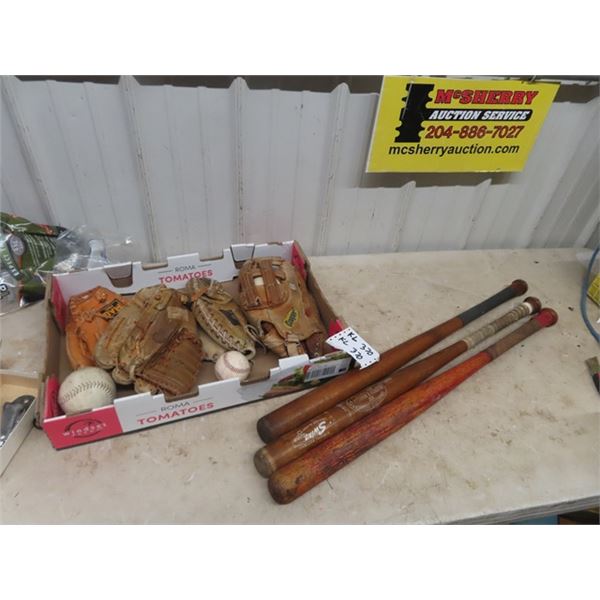 4 Baseball Gloves, 3 Wooden Bats, 2 Balls