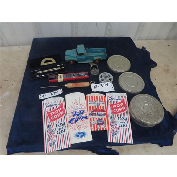 Ringling Circus Popcorn Bags, Coke Ice Pick, Blue Ribbon Ruler, Film Reel + Case plus more