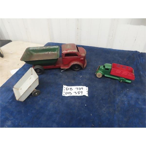 2 Pressed Metal Trucks- Biggest 12" Long & Lincoln Trailer