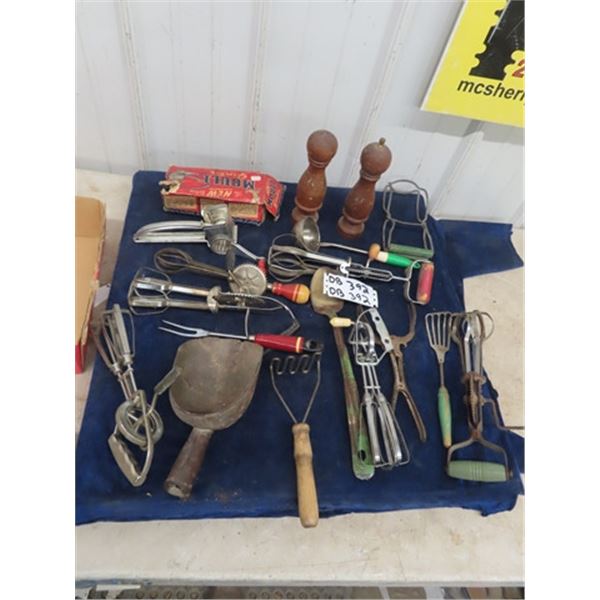 Vintage Kitchen Utensils; Mixers, Scoop, Beaters, plus more
