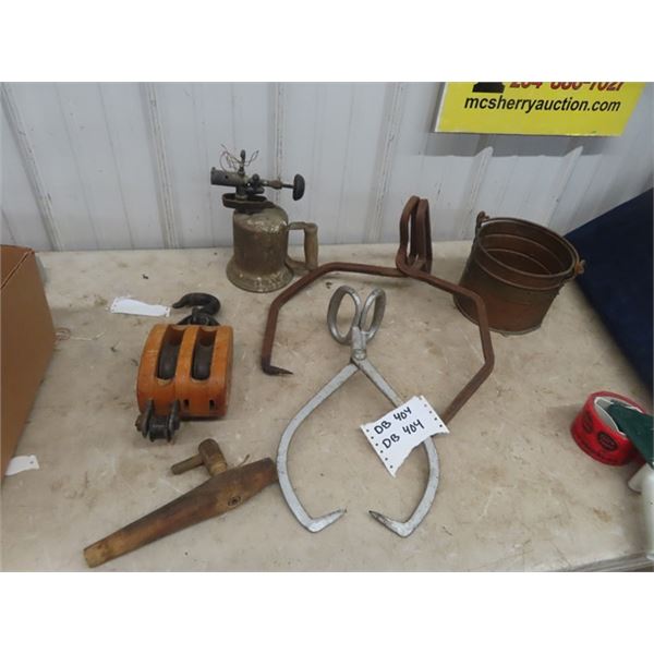 2 Ice Tongs, Wooden Double Pulley, Blow Torch  Copper Bucket